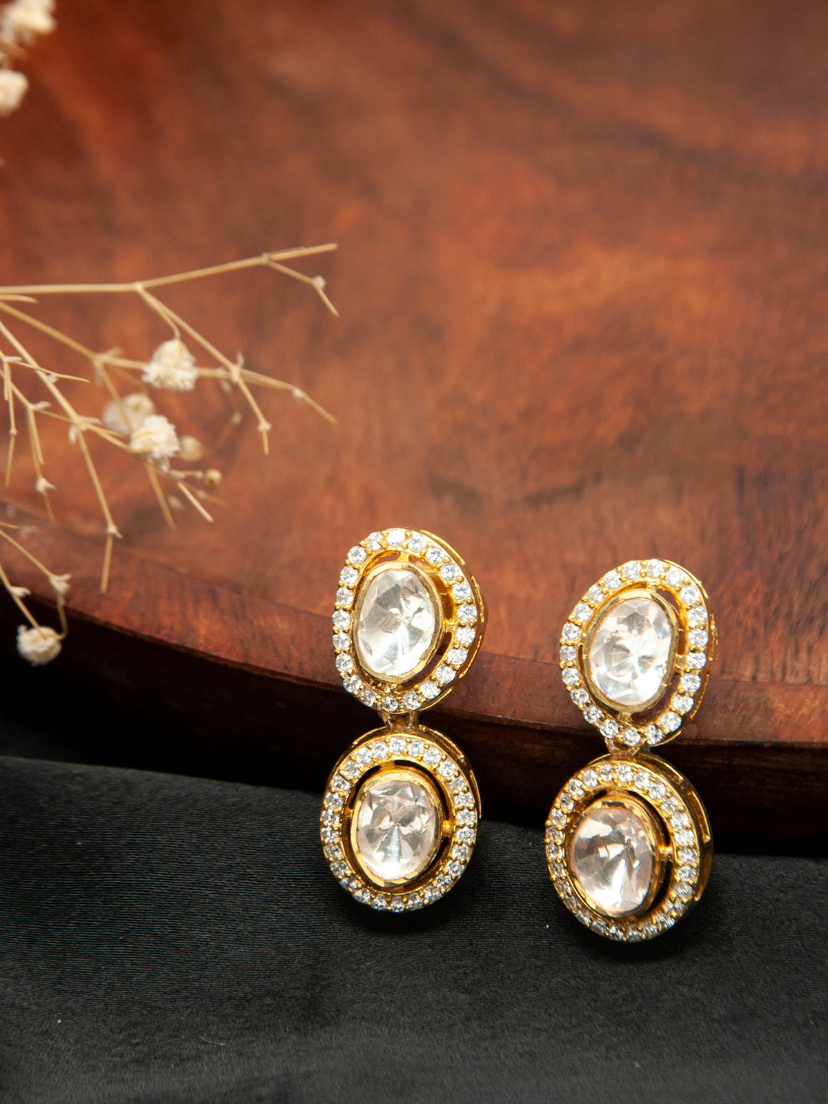 Swarna Ratna Double Moissanite Earrings: 925 Sterling Silver Gold Plated view 1