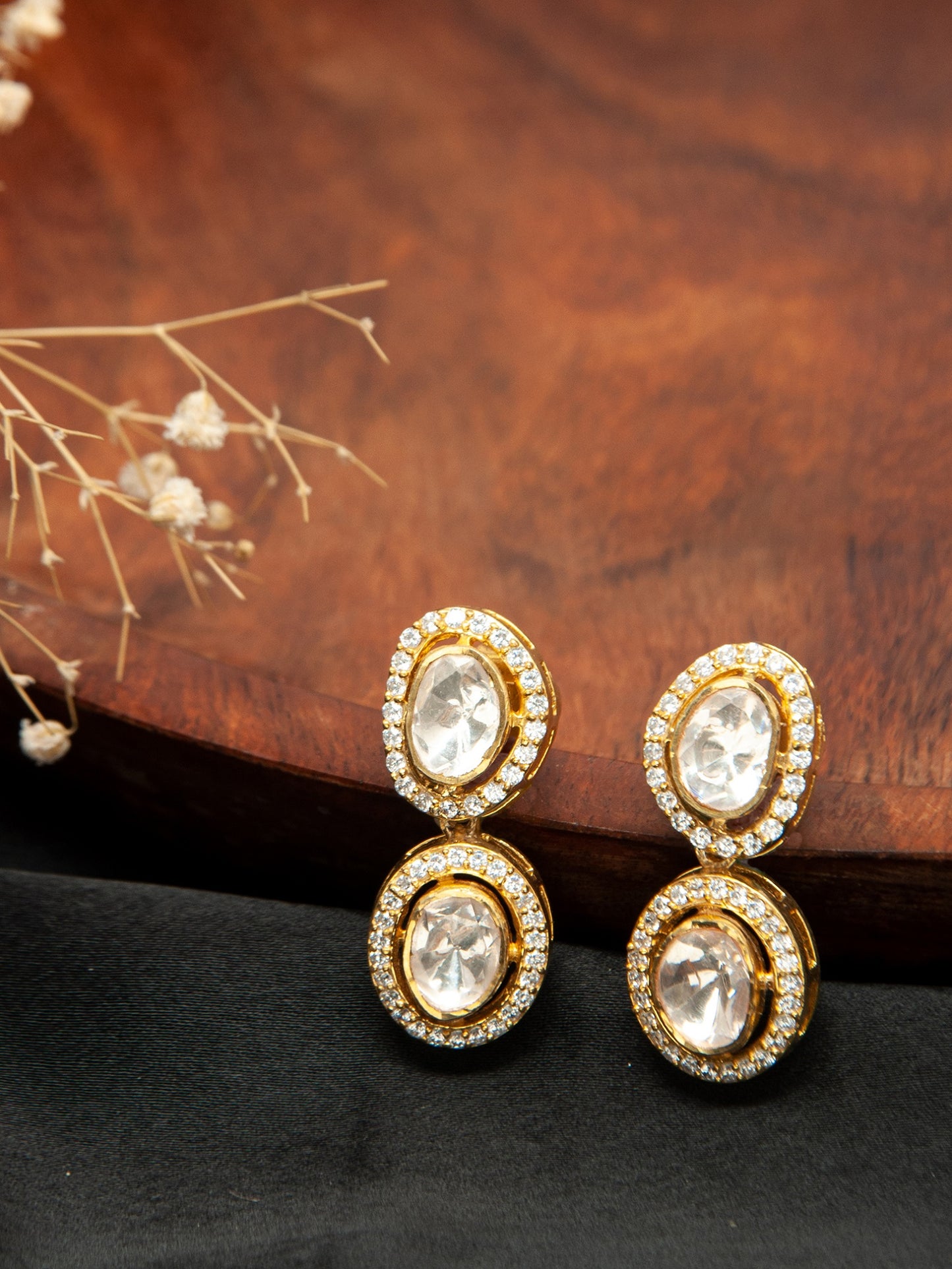 Swarna Ratna Double Moissanite Earrings: 925 Sterling Silver Gold Plated