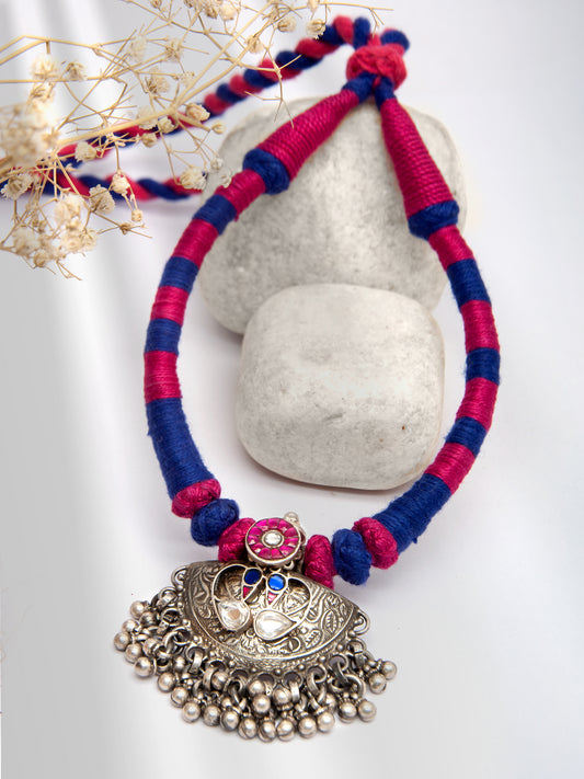Tribal Ghungroo Symphony: 925 Silver Necklace with Pink and Blue Thread