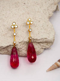 Pink Briolette Kundan Earrings: 925 Sterling Silver Gold Plated view 1