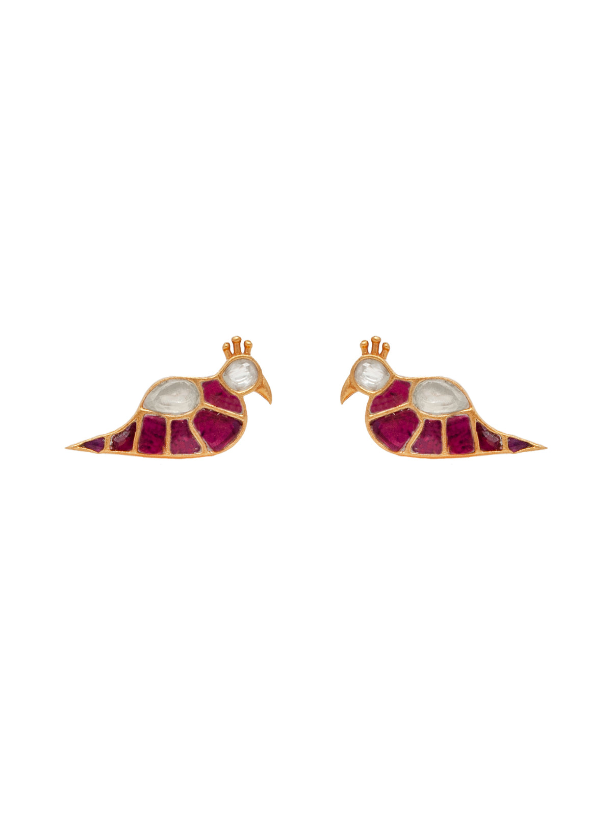 Swarnim Mayur Kundan Studs: 925 Sterling Silver Gold Plated Earrings view 2
