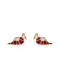 Swarnim Mayur Kundan Studs: 925 Sterling Silver Gold Plated Earrings view 2
