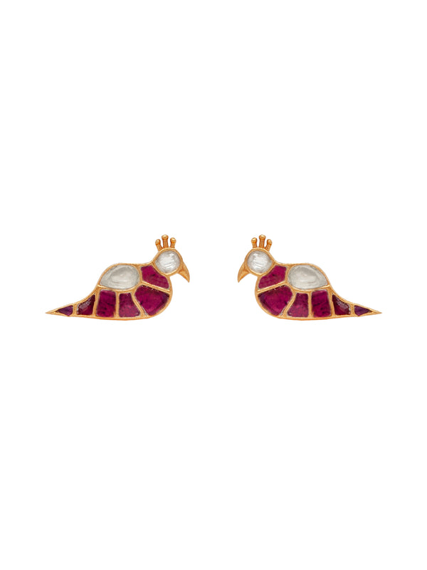 Swarnim Mayur Kundan Studs: 925 Sterling Silver Gold Plated Earrings alternate