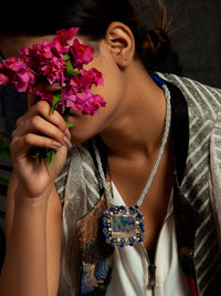 Oceanic Glow: 925 Silver Mother of Pearl Necklace with Blue Thread view 4