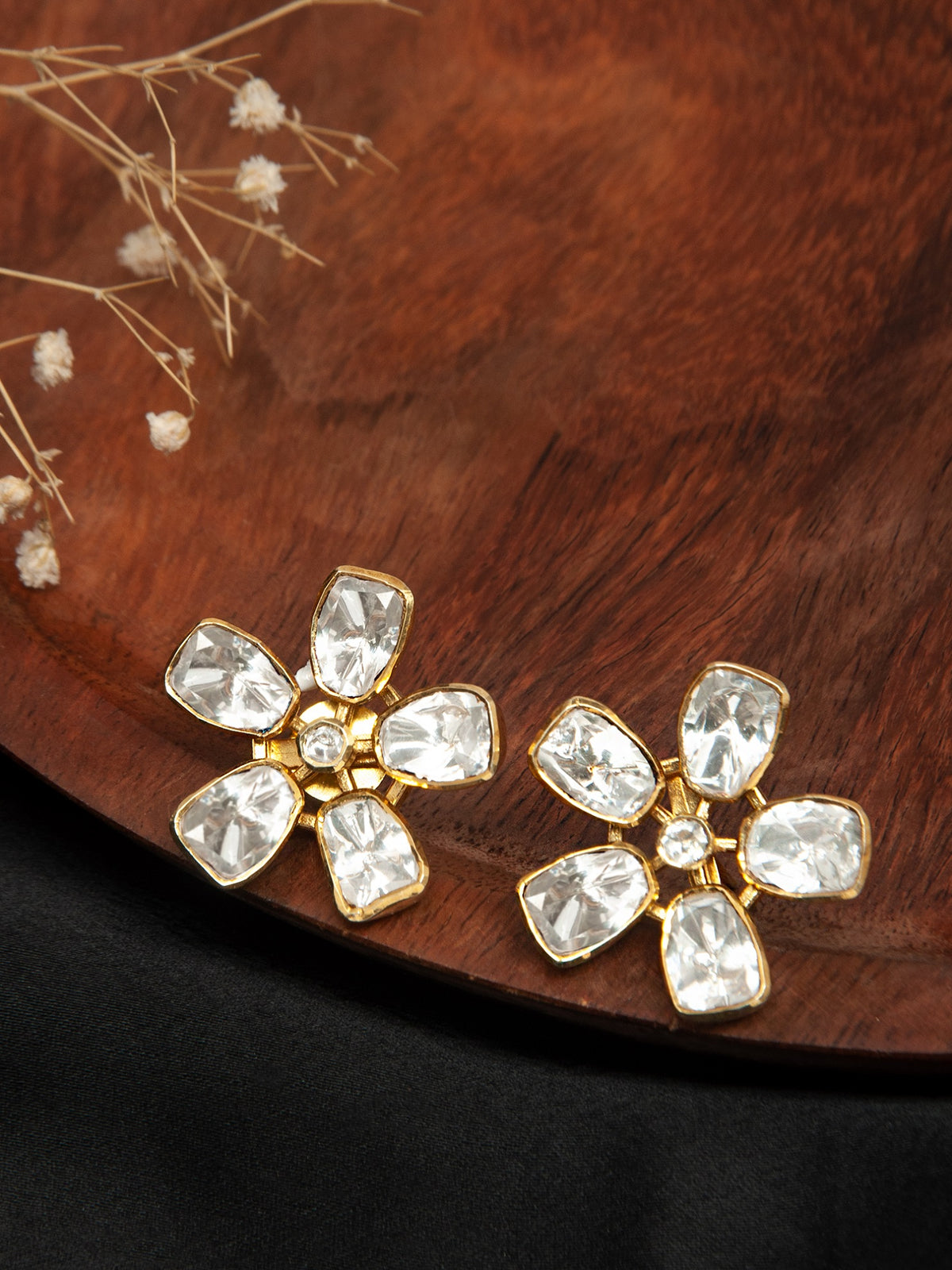 Golden Blossom Moissanite Studs: 925 Sterling Silver Gold Plated view 1