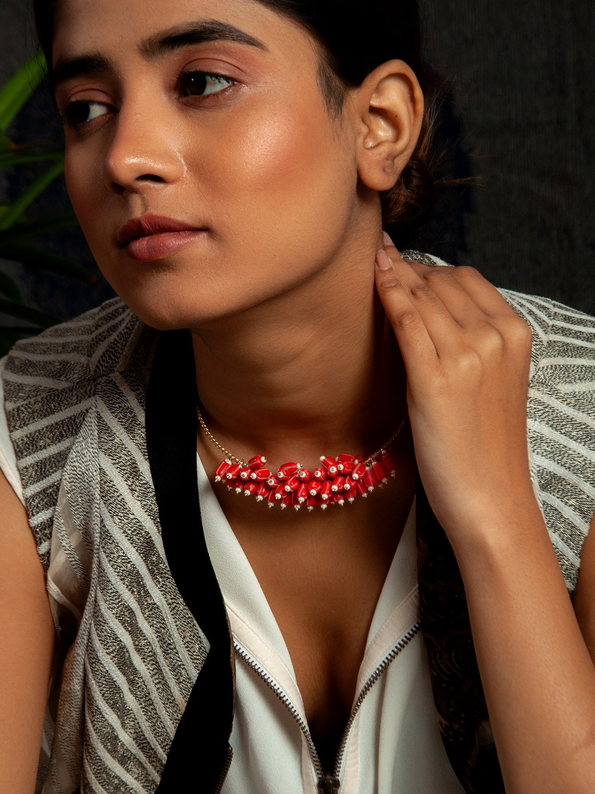 Crimson Coral Elegance: 925 Silver Gold Plated Hasli Necklace view 3