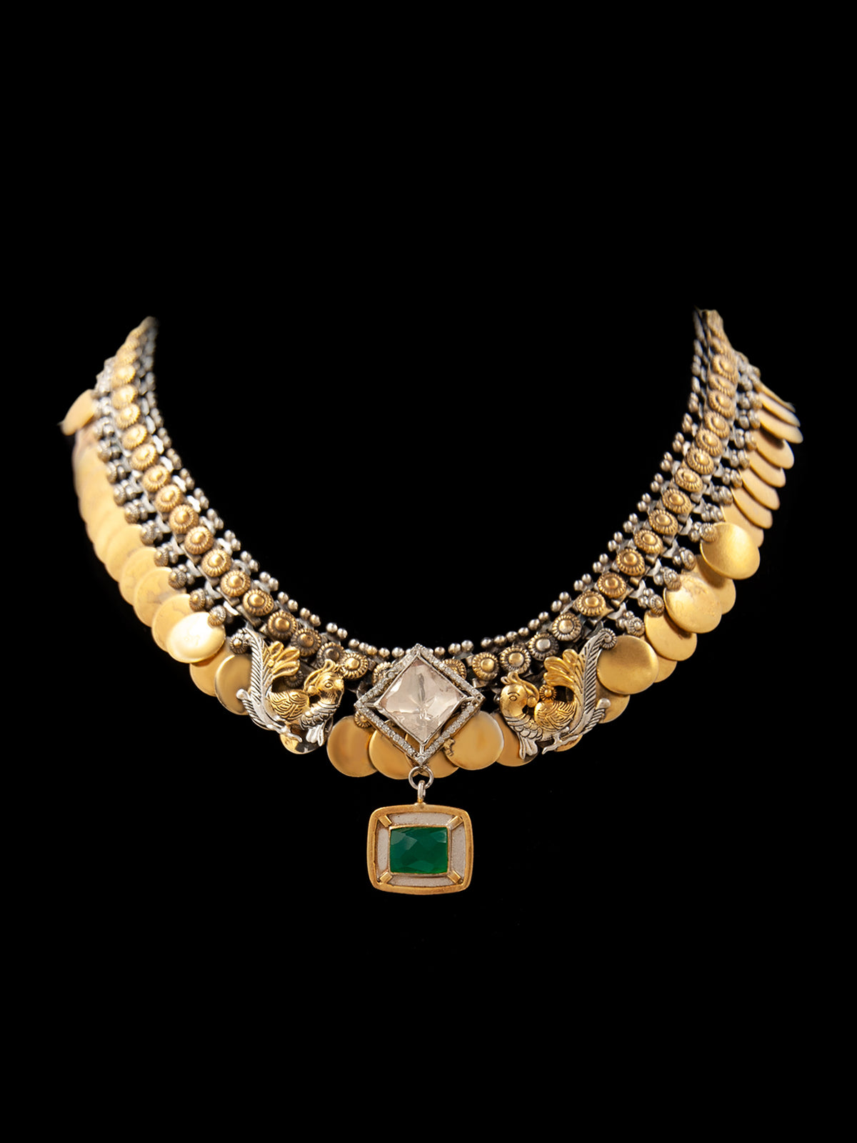 Verdant Harmony: 925 Silver Classic Two Tone Necklace with Moissanite and Green Onyx Gemstone Motif view 4