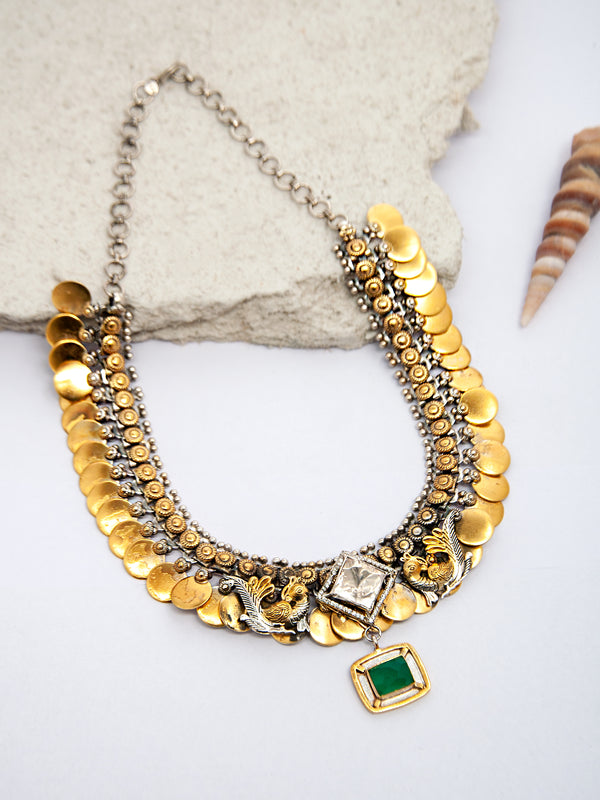 Verdant Harmony: 925 Silver Classic Two Tone Necklace with Moissanite and Green Onyx Gemstone Motif