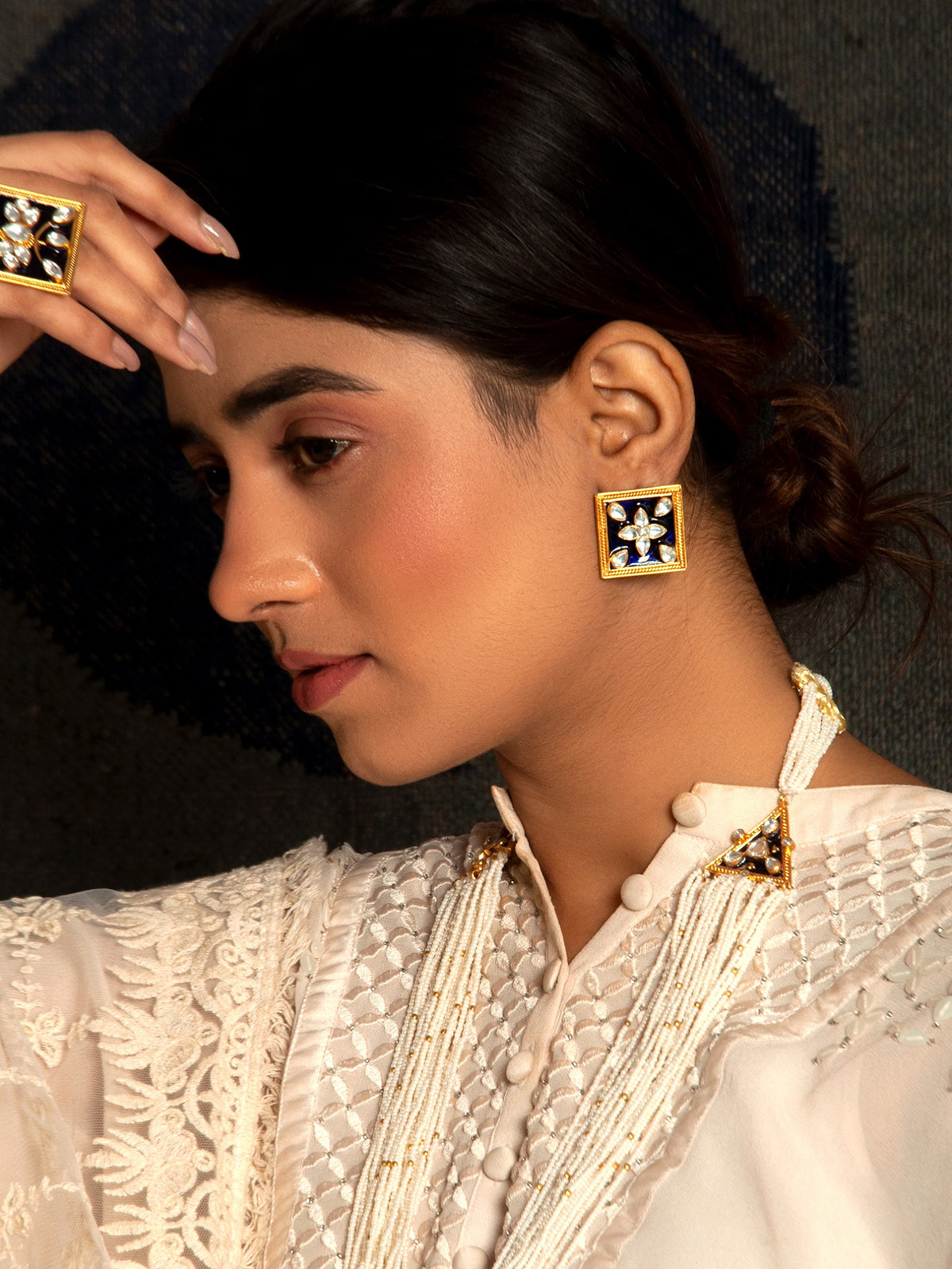 Sona Meenakari Swarna Studs: 925 Sterling Silver Gold Plated view 4