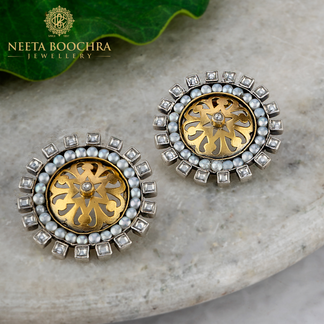 925 Sterling Silver Two Tone Kundan Studs view 1