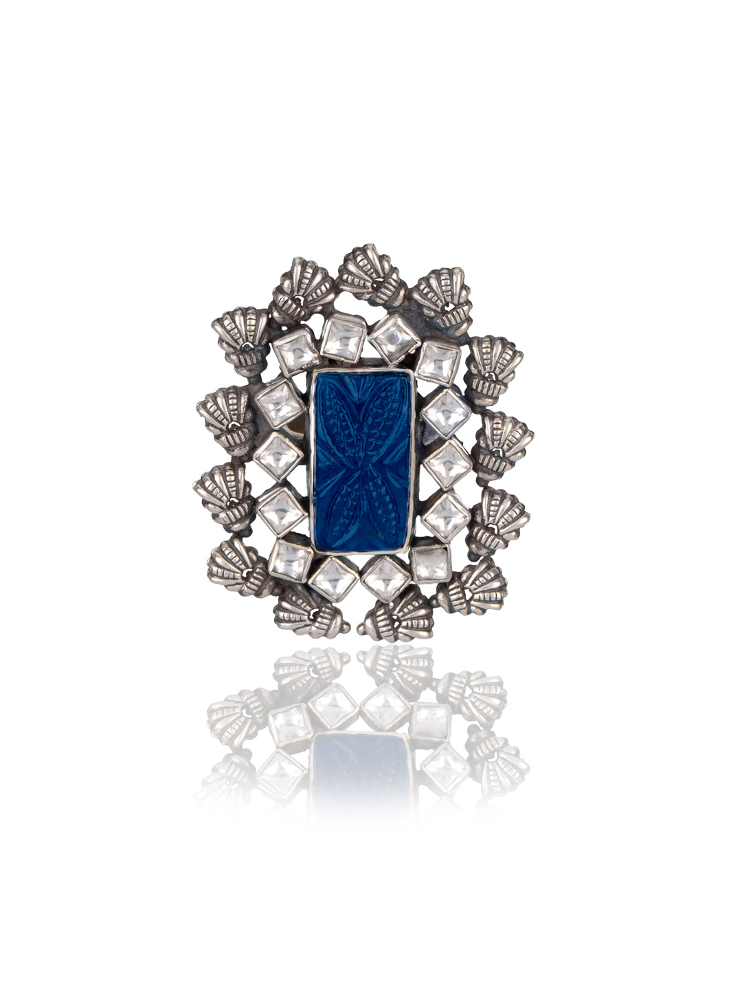 Blue Carved Stone Kundan Adjustable Ring view 1