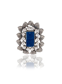 Blue Carved Stone Kundan Adjustable Ring view 1