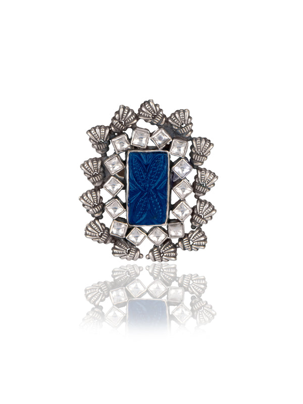Blue Carved Stone Kundan Adjustable Ring