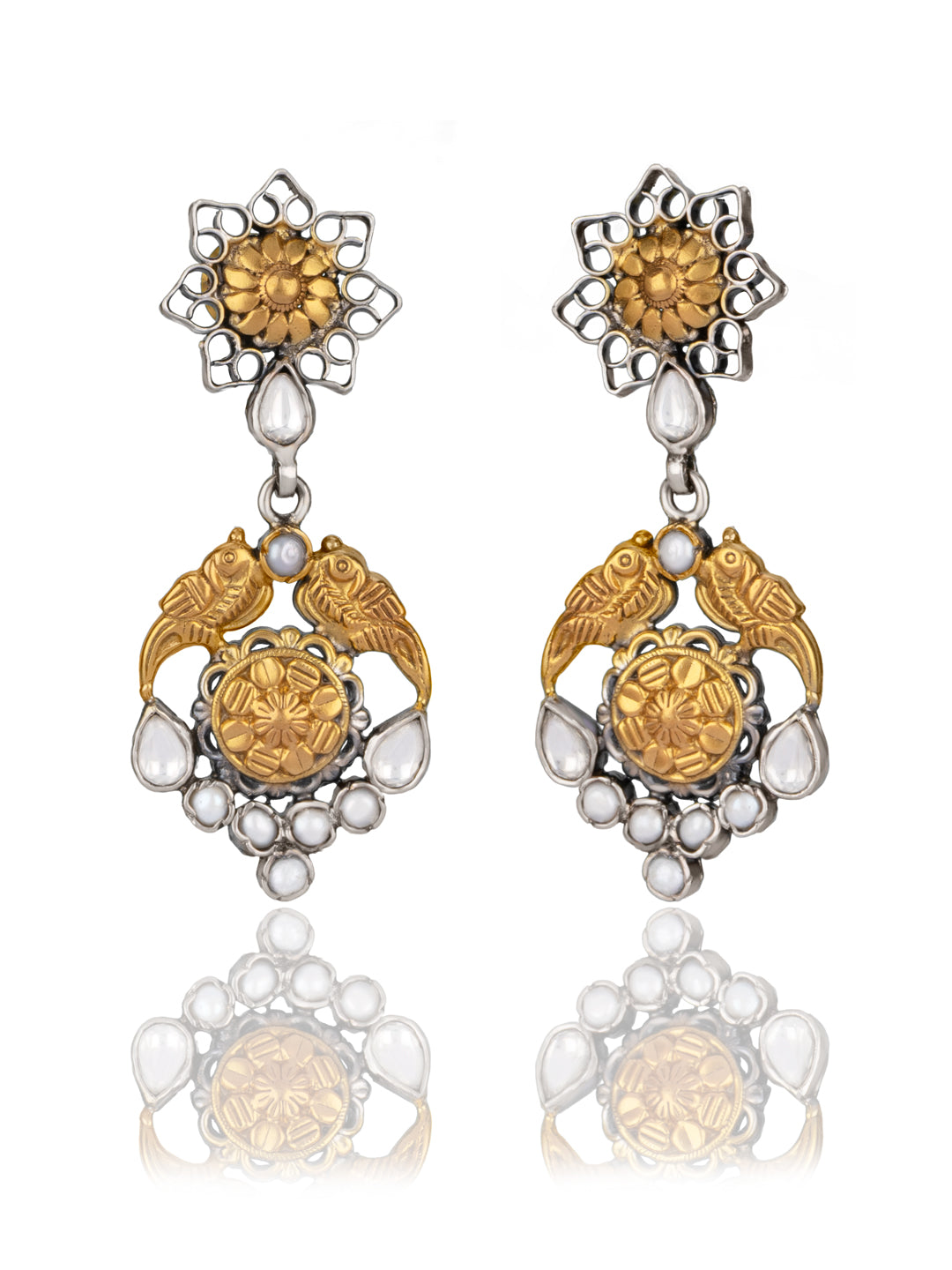 Twin Peacock Two Tone Intricate Earrings with Kundan and Pearl view 1