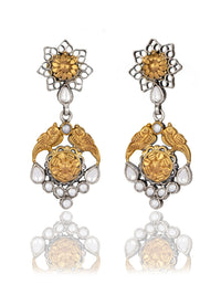 Twin Peacock Two Tone Intricate Earrings with Kundan and Pearl view 1