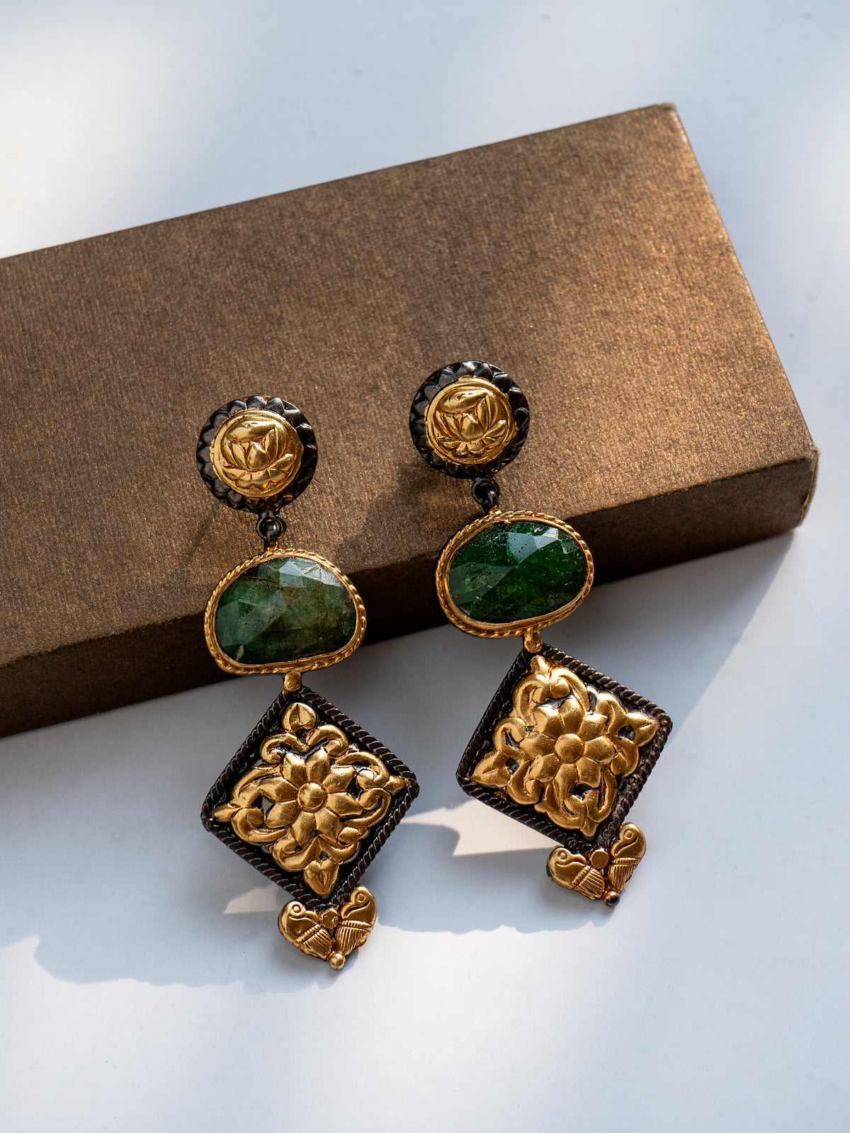 NB Signature Green Sapphire Dual Tone Chitai Earrings view 3