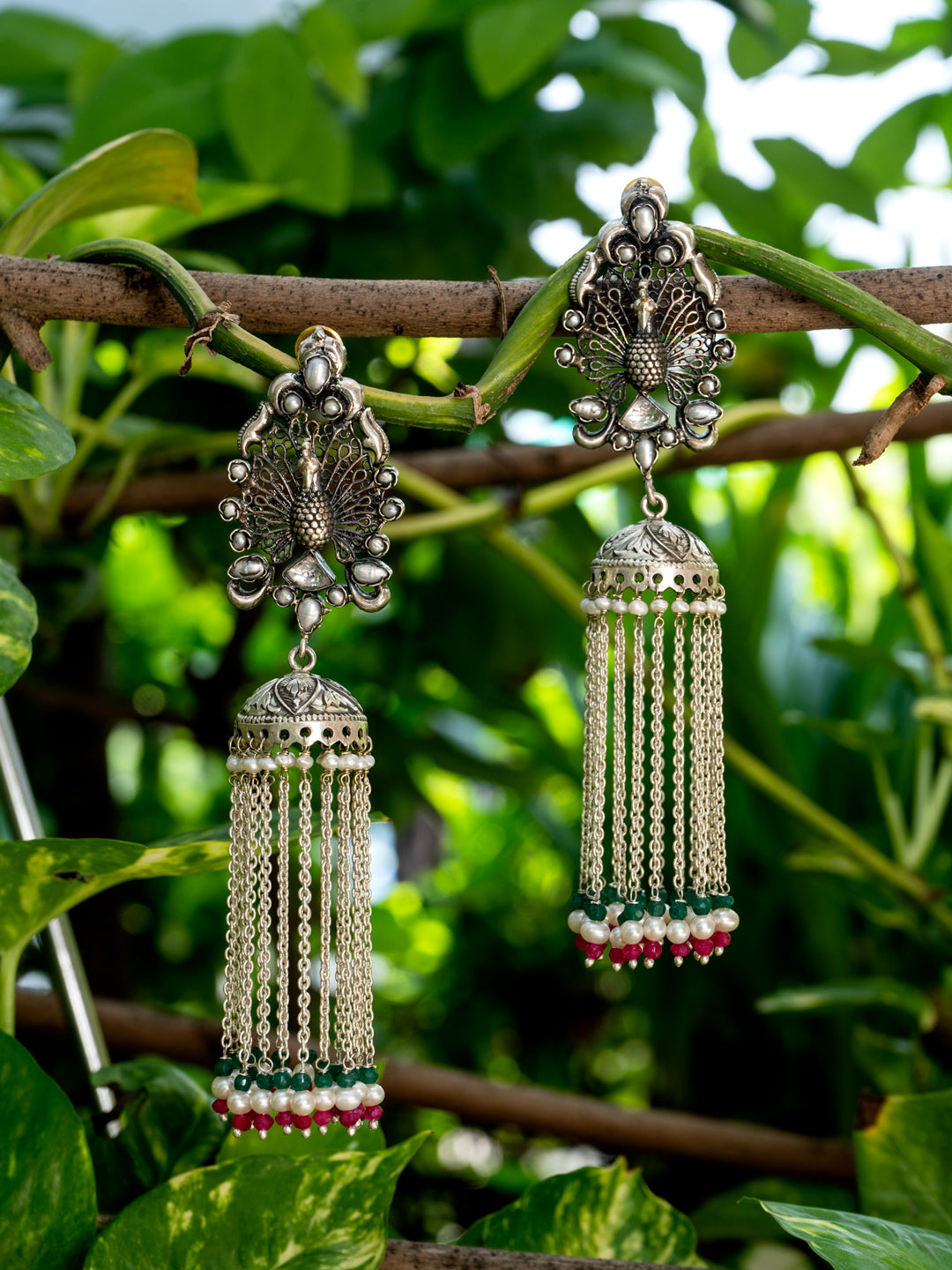Long Jhumki with Peacock and Multicolor Gemstones view 2