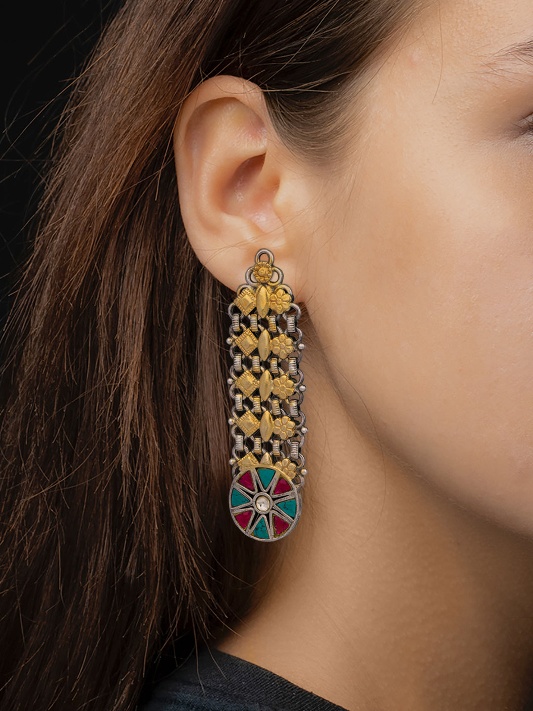 925 Sterling Silver Gold Plated Earrings with Kundan Motif view 2