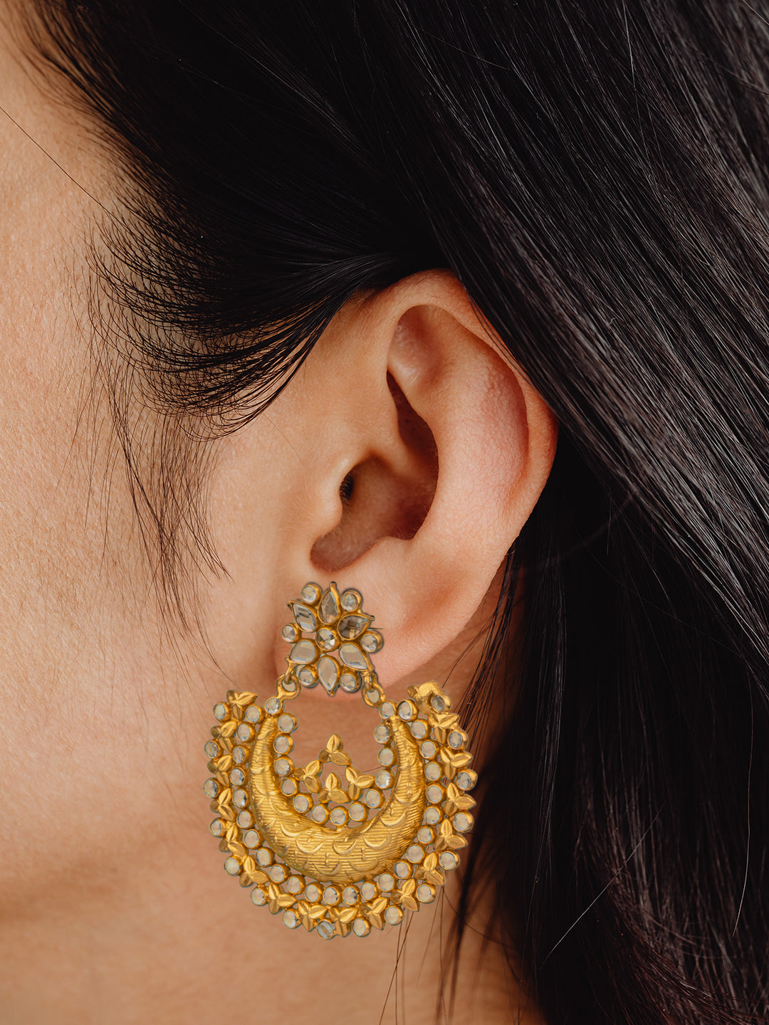 925 Sterling Silver Gold Plated Chaand Earrings with Checkers view 2