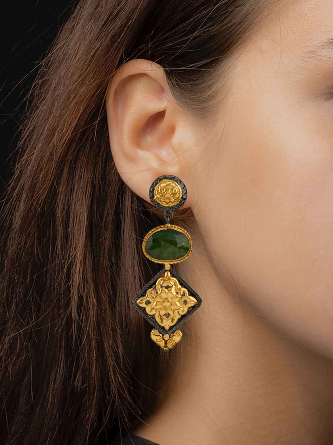 NB Signature Green Sapphire Dual Tone Chitai Earrings view 2