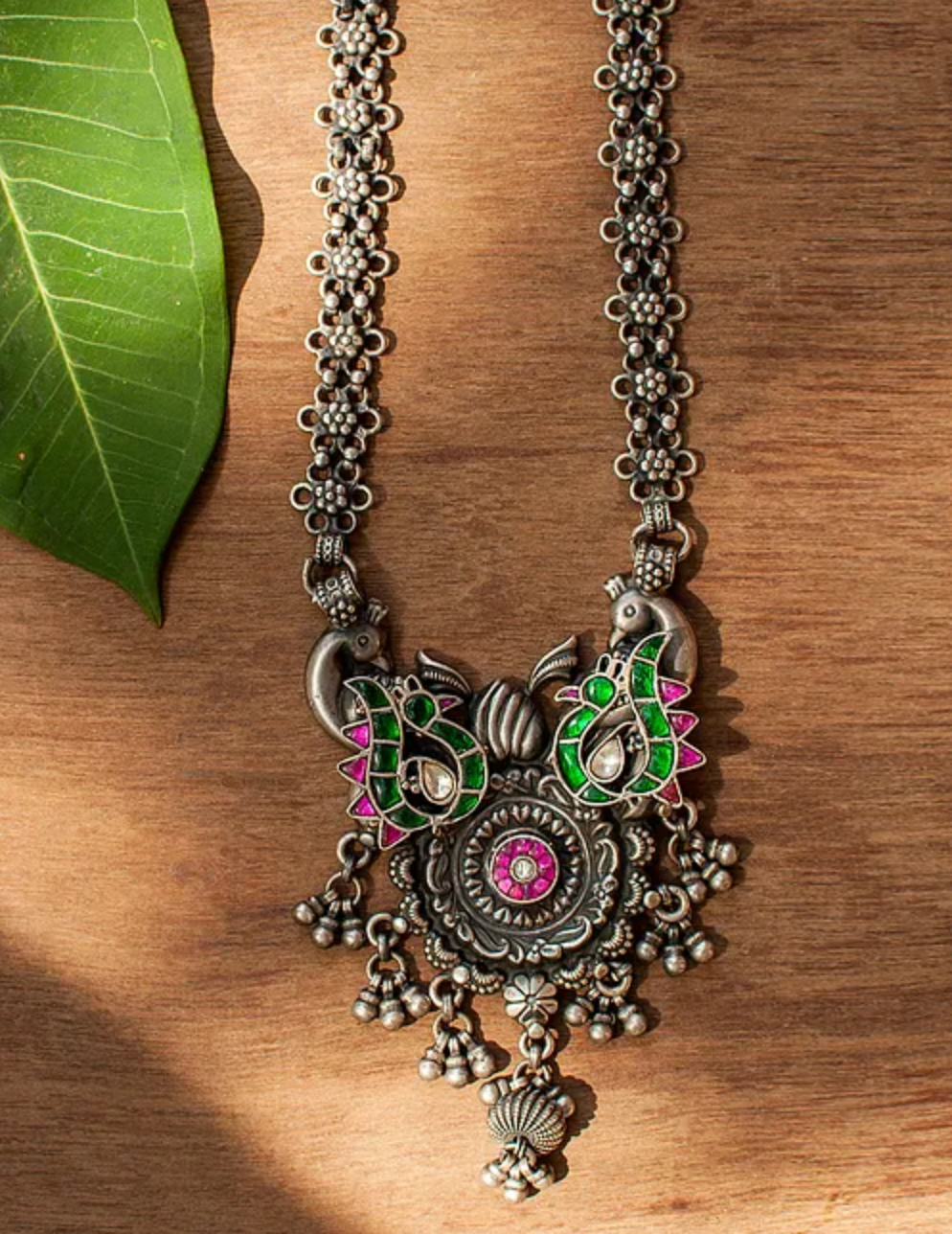 Pink Green Tribal Silver Kundan Necklace view 1