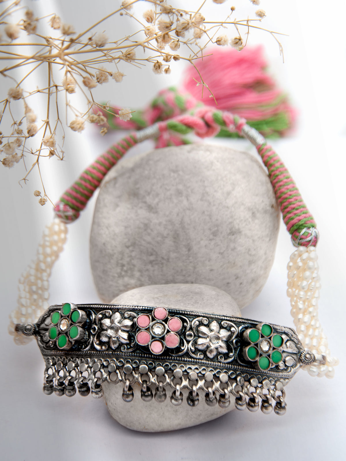 Silver Fusion Floral Kundan Choker with Pearl view 1