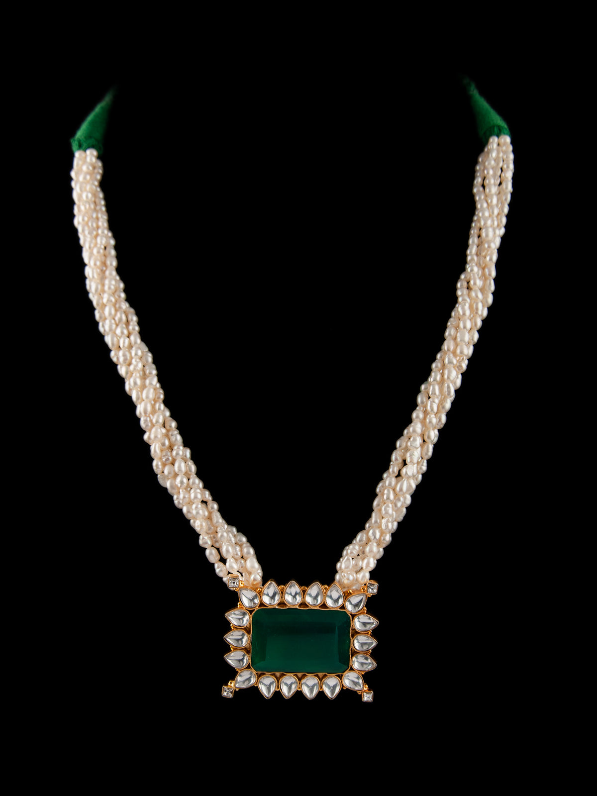 925 Sterling Silver 22K Gold Plated Pearl Beaded Necklace With Green Onyx Gemstone and White Kundan view 5