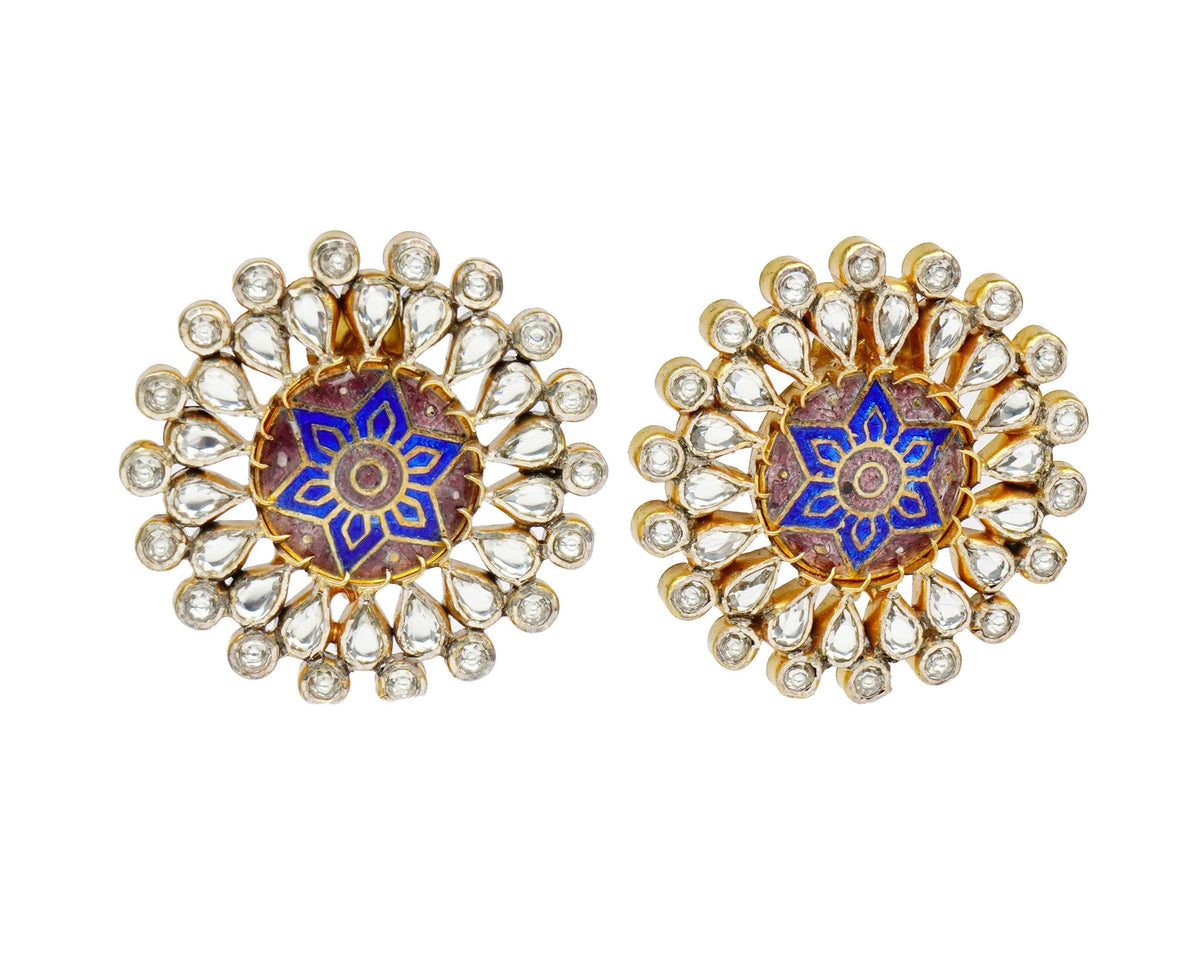 Silver Meenakari Stud Earrings with Checker and Kundan view 1