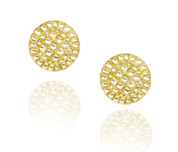 925 Silver Gold Plated White Kundan Round Studs