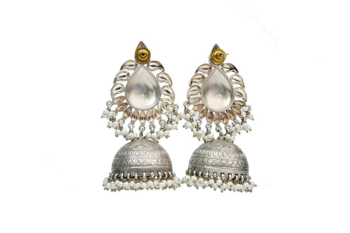Silver Jhumkis with Pearls view 2