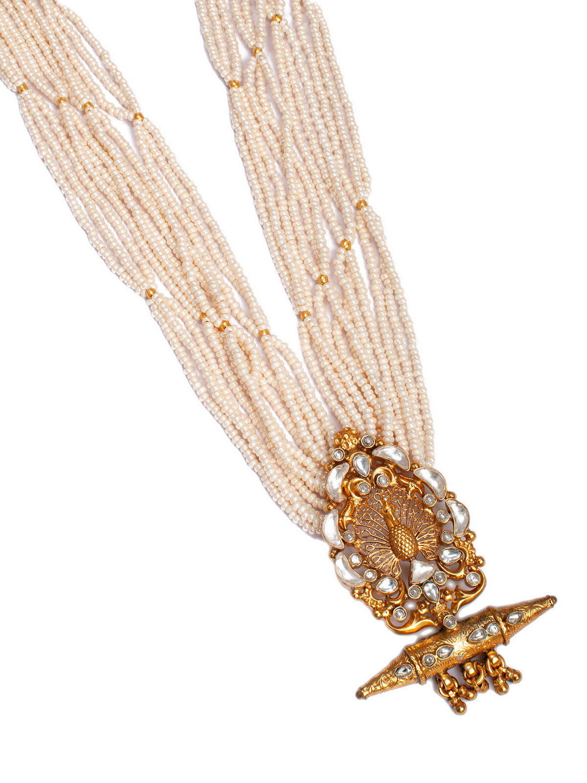 925 Sterling Silver 22K Gold Plated Pearl Beaded Peacock Design Statement Necklace With White Kundan view 3