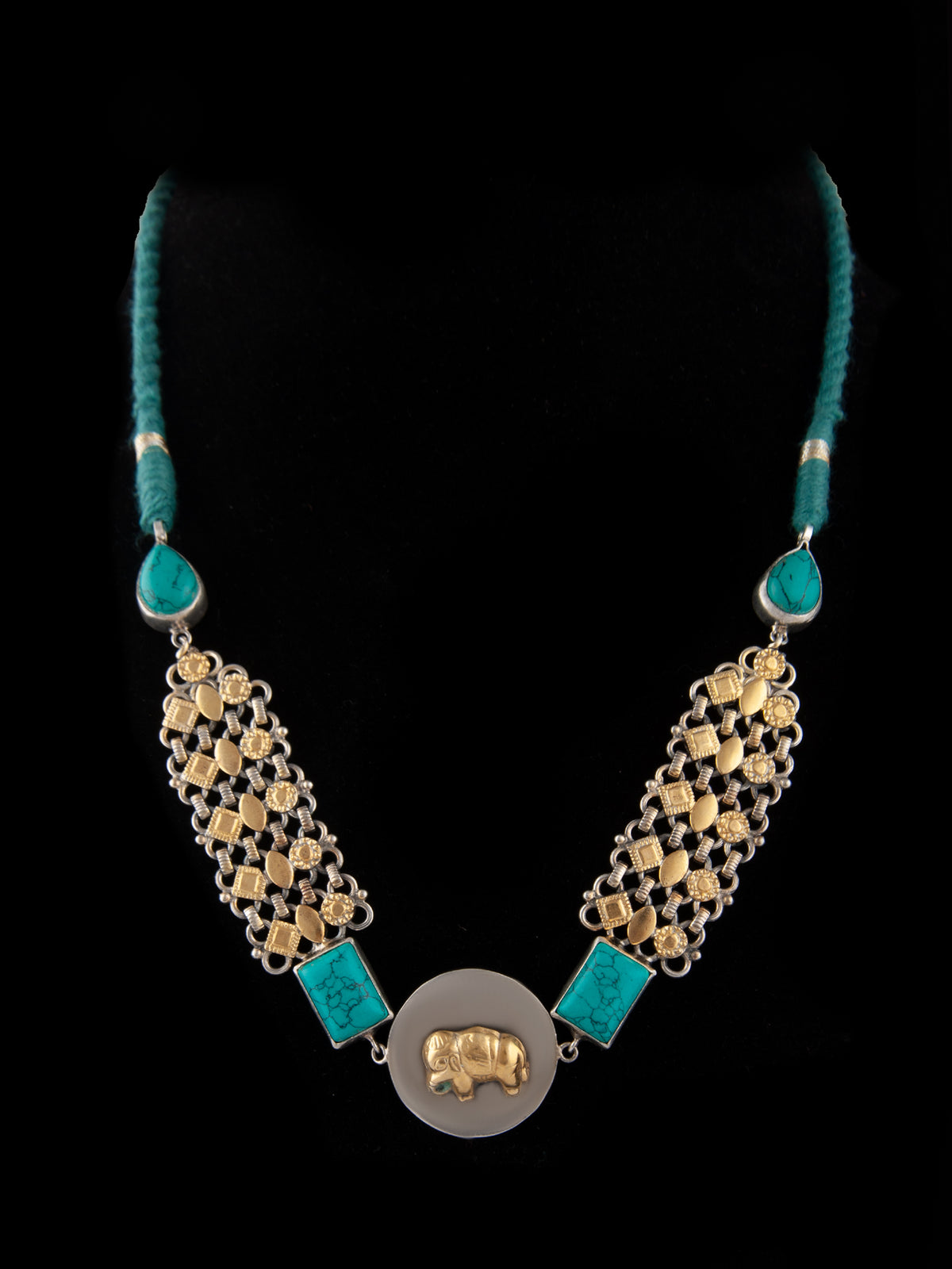 925 Sterling Silver Two Tone 22K Gold Plated Elephant Design Necklace With Turquoise Gemstone view 5