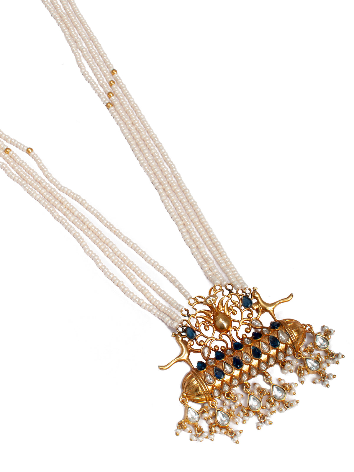 925 Sterling Silver 22K Gold Plated Pearl Beaded Necklace With Blue and White Kundan view 4