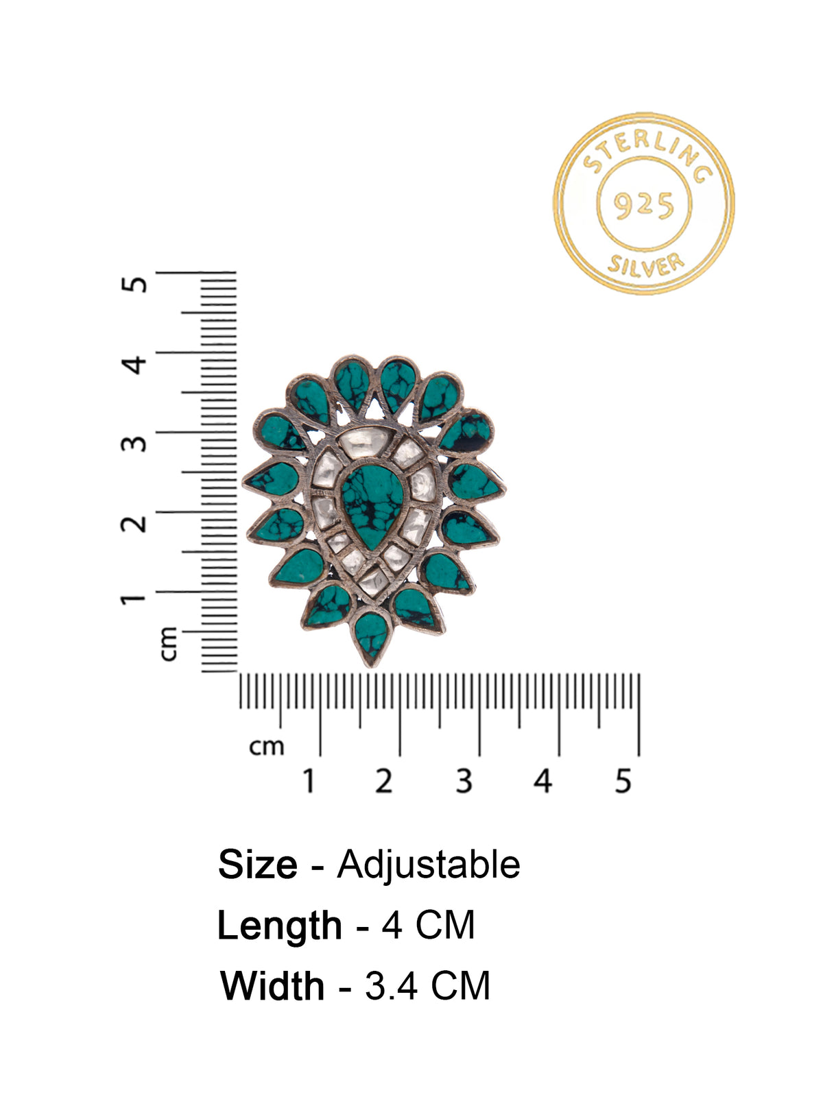Silver Turquoise Kundan Adjustable Ring view 6