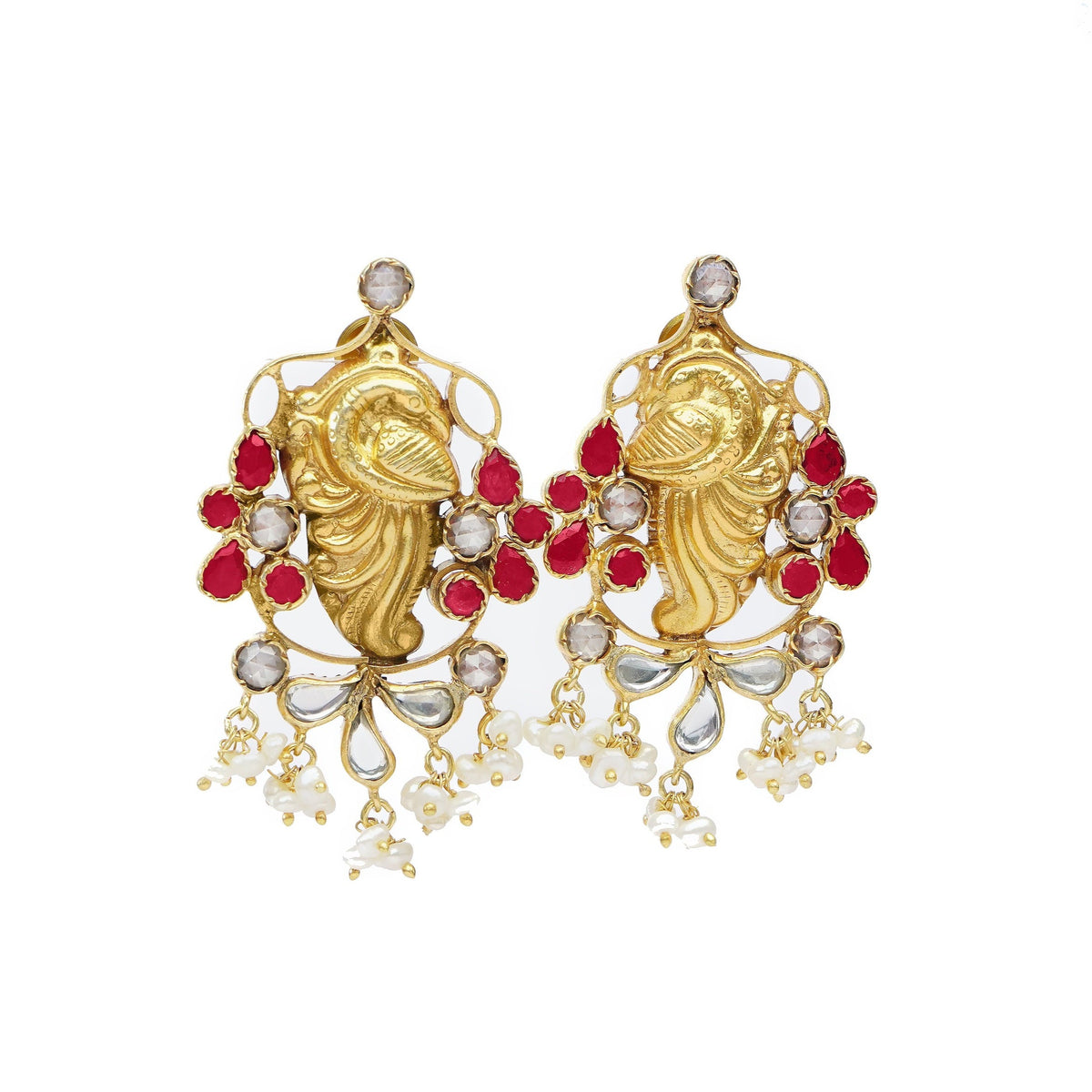 Silver Gold Plated Peacock Earrings with Kundan and Ruby view 1