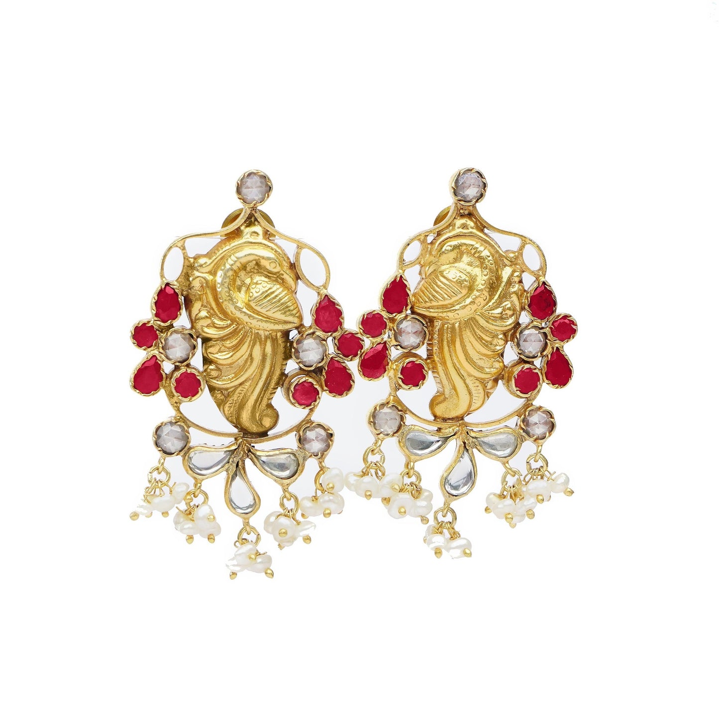 Silver Gold Plated Peacock Earrings with Kundan and Ruby - Neeta Boochra Jewellery
