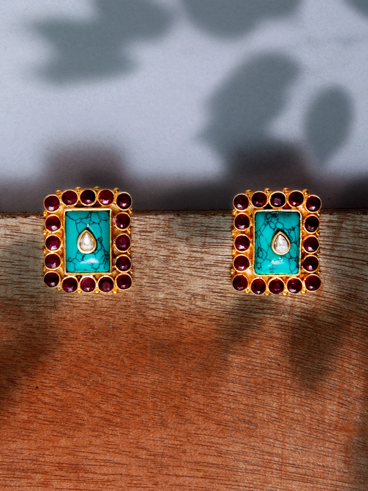 925 Sterling Silver 22K Gold Plated Turquoise, Ruby, Kundan Studs Earring view 3