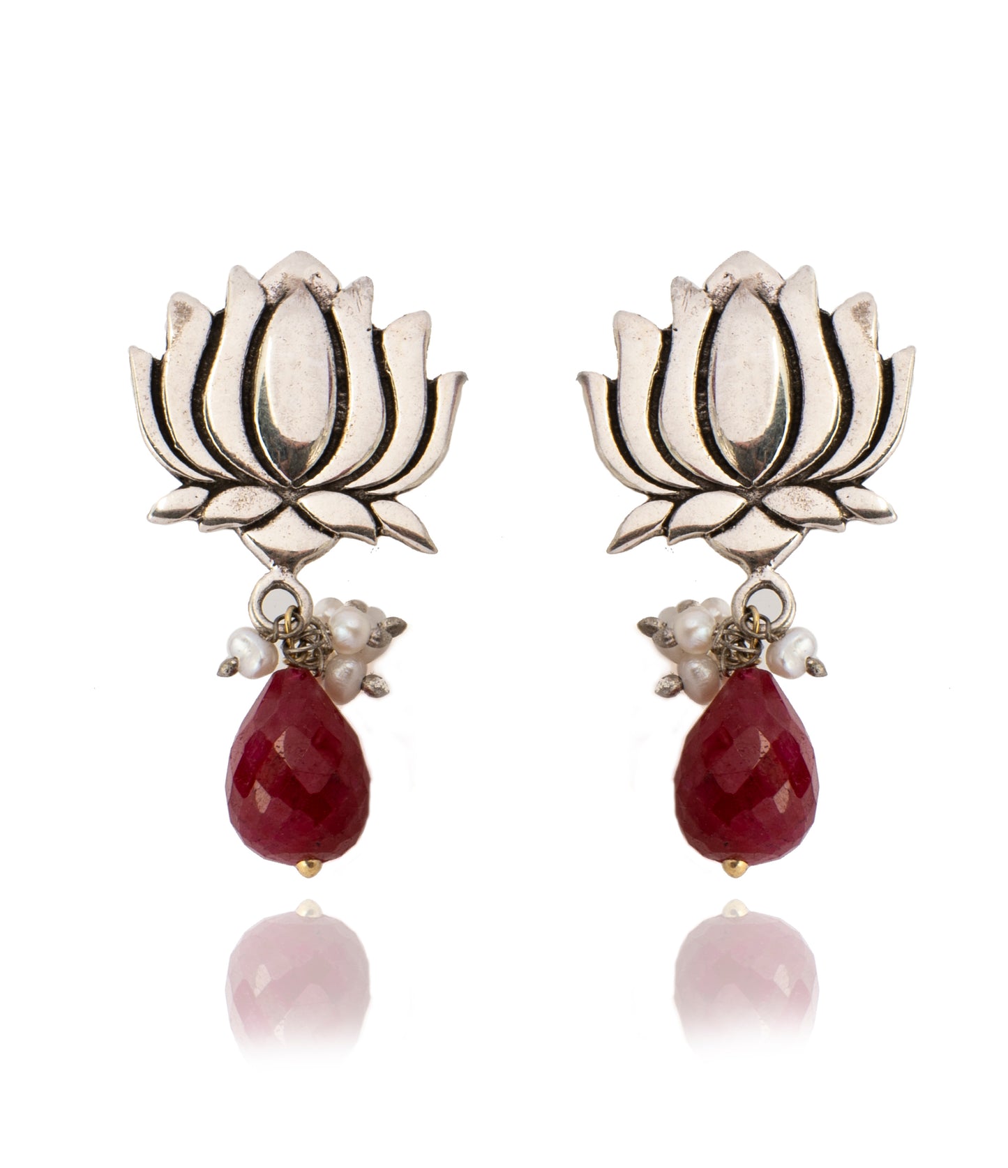 925 Sterling Silver Lotus Earrings with Ruby Drop – Neeta Boochra
