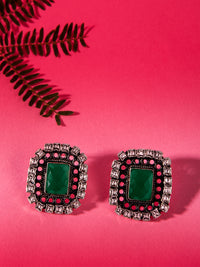 Silver Green Onyx Studs with Kundan view 2