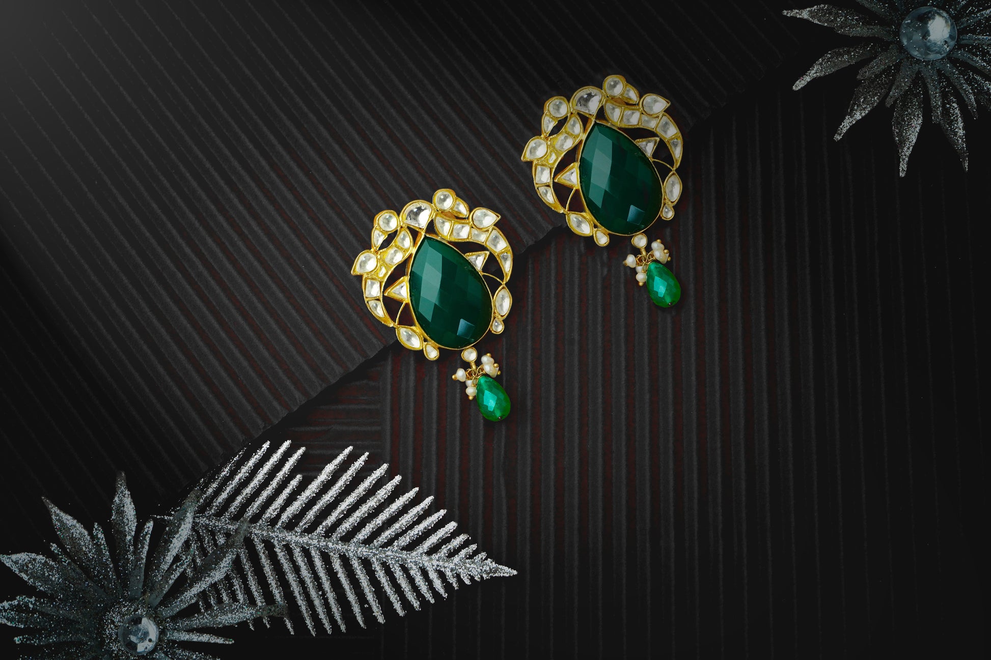 Silver Gold Plated Earrings with Green Stone and Kundan - Neeta Boochra Jewellery