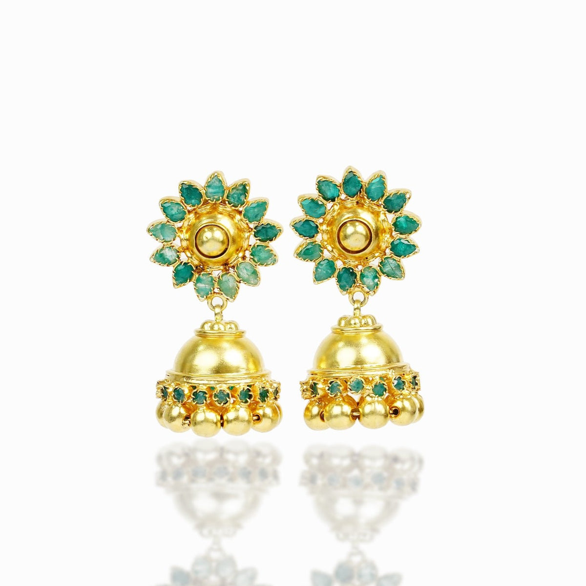 925 Silver Gold Plated Kundan Jhumki Earrings with Natural Green Gemstone view 2