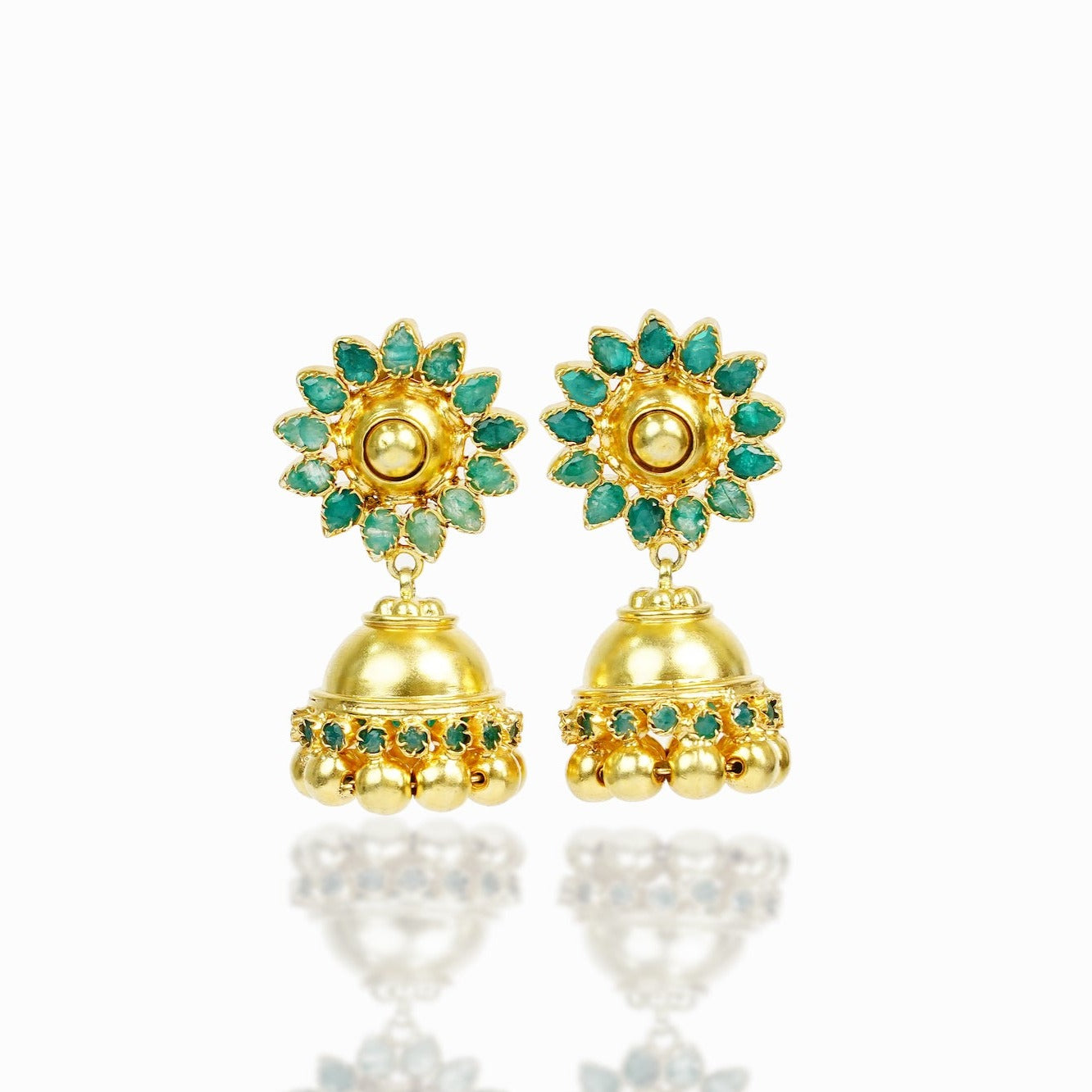 925 Silver Gold Plated Kundan Jhumki Earrings with Natural Green Gemstone - Neeta Boochra Jewellery
