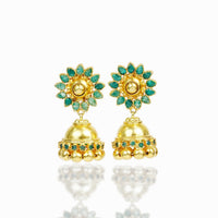 925 Silver Gold Plated Kundan Jhumki Earrings with Natural Green Gemstone view 2