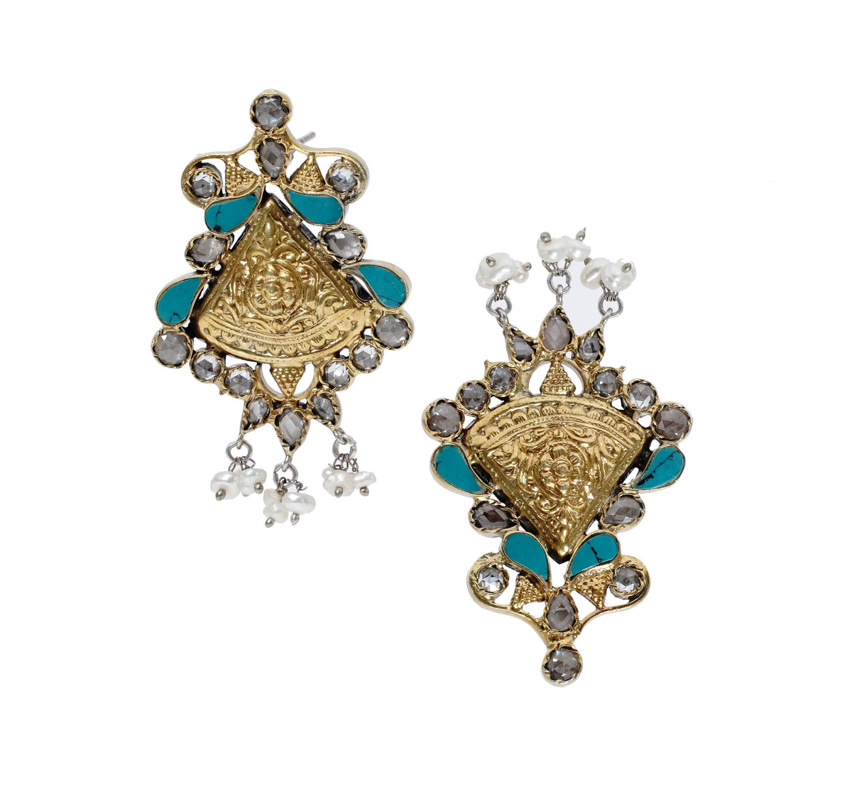 925 Silver Two Tone Earrings with Checker and Turquoise view 2