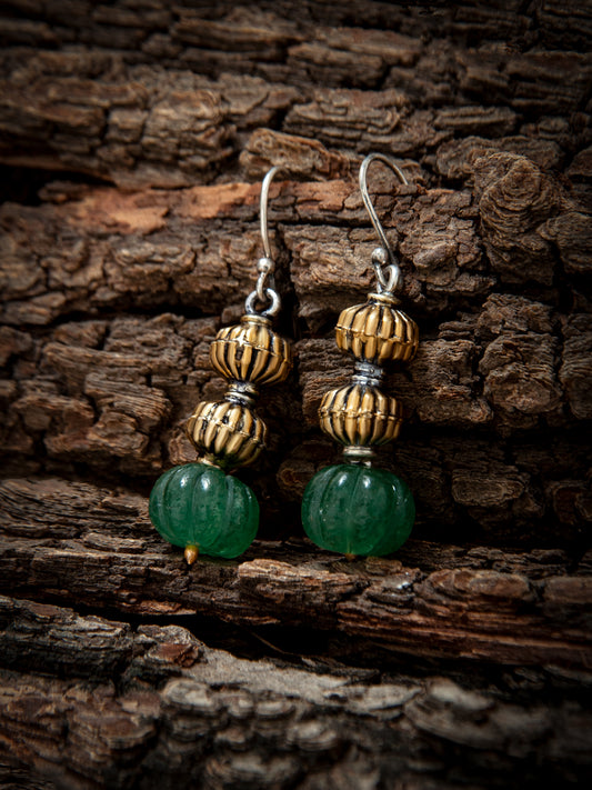 925 Sterling Silver Two Tone Bead Earrings with Melon Cut Green Onyx
