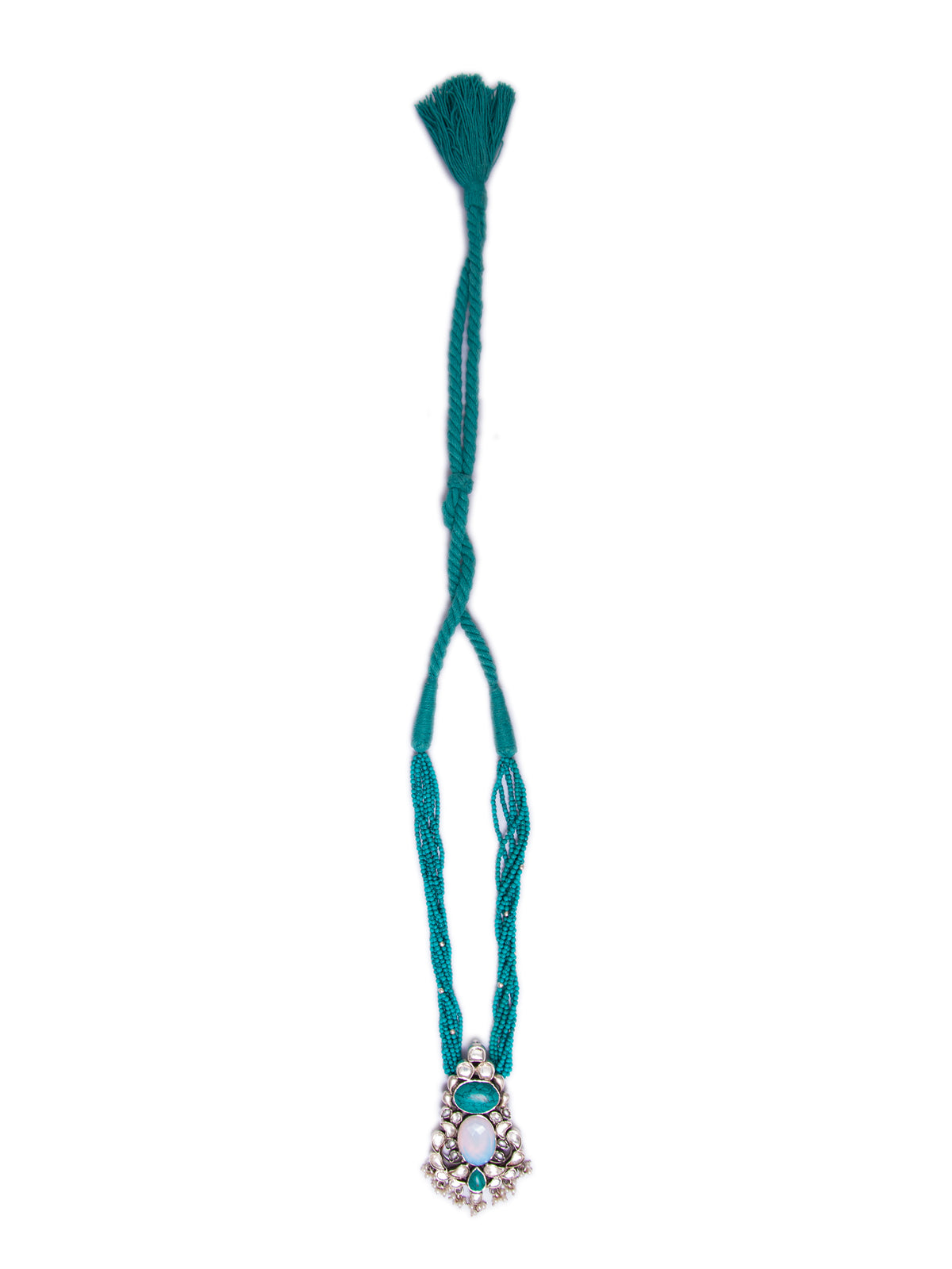 Silver Statement Turquoise Kundan Beaded Necklace view 5