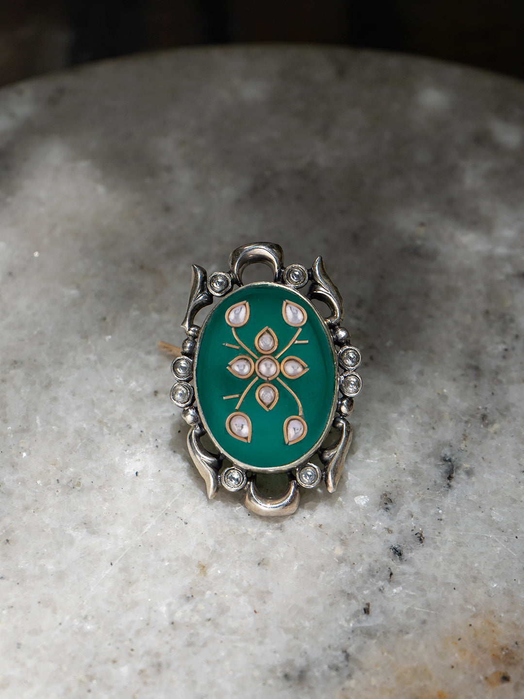 Green Onyx Adjustable Ring with Intricate Kundan Work on Gemstone view 1