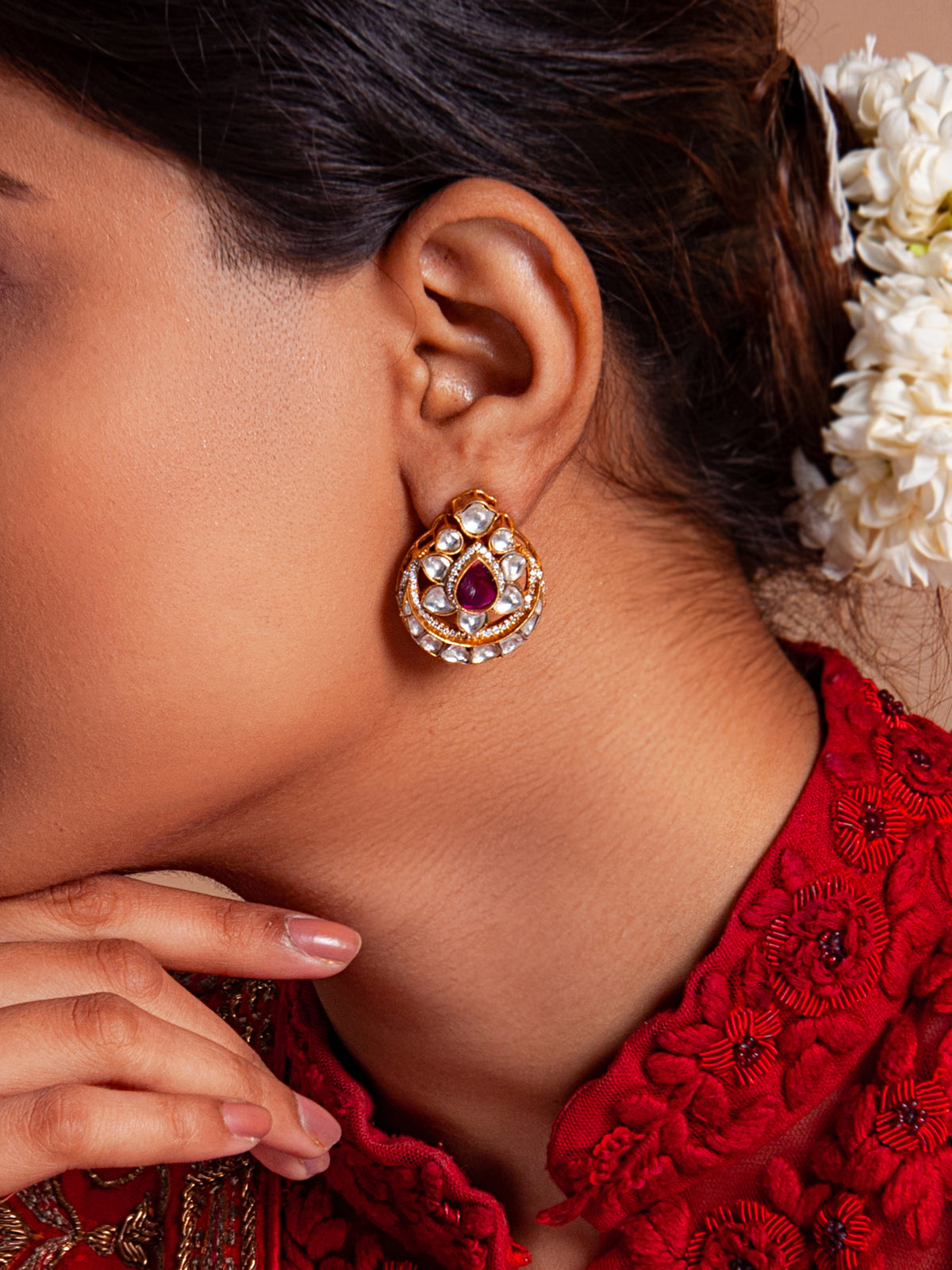Swarnim Dark Red and White Kundan Studs view 4