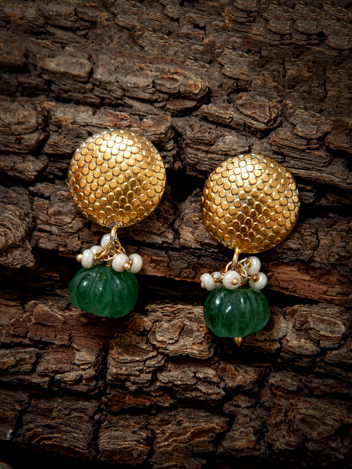 925 Sterling Silver Gold Plated Studs with Melon Cut Green Onyx and Pearl view 2