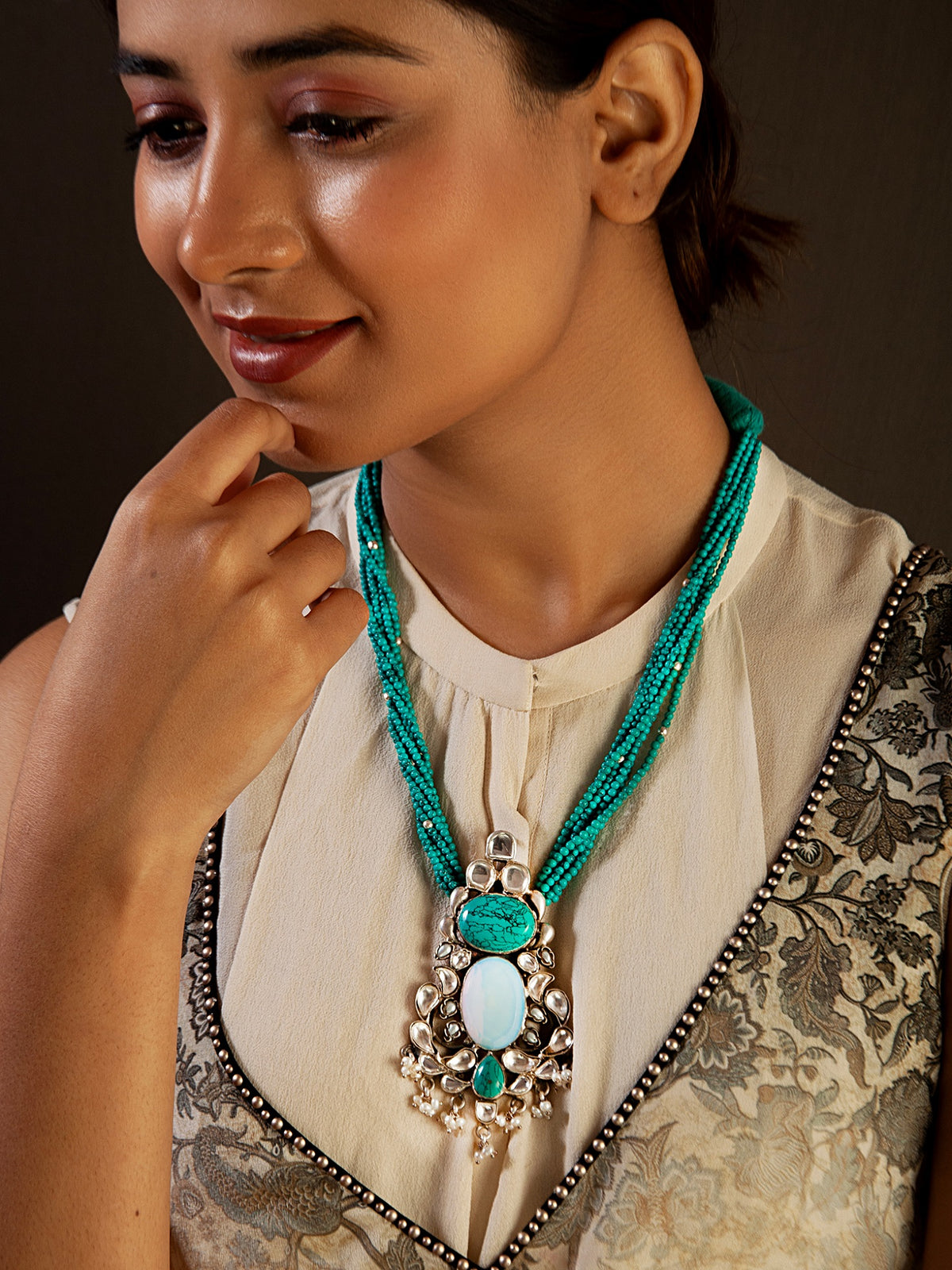Silver Statement Turquoise Kundan Beaded Necklace view 1